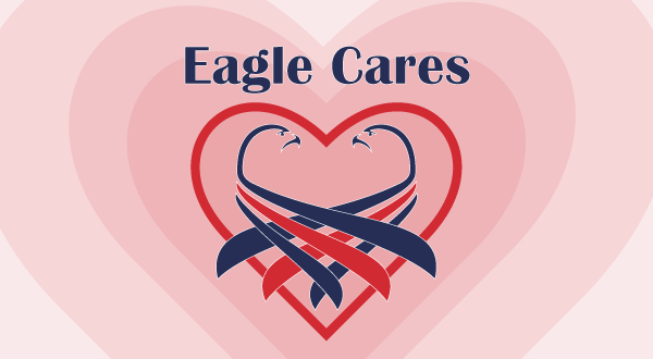 Eagle Cares emblem. Red heart with eagles hugging.