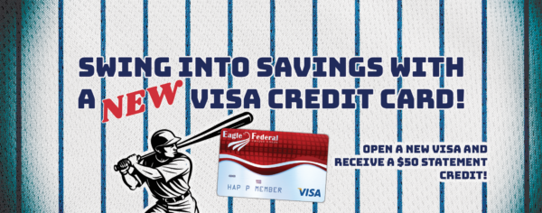 baseball player swinging a bat. Eagle visa credit card.