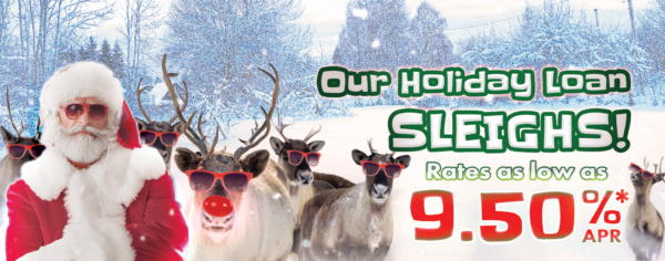 Santa and reindeer wear red sunglasses in a snowy scene. Text promotes holiday loans with rates as low as 9.50% APR.