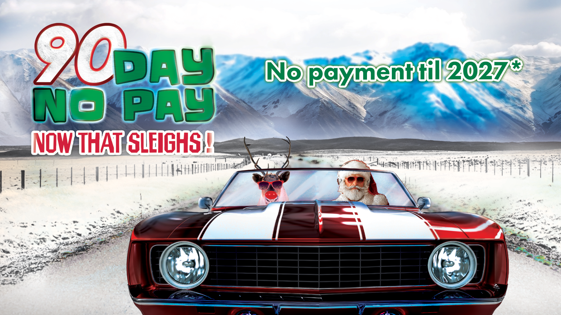 Santa and a reindeer wearing sunglasses drive a red muscle car through a snowy landscape, with text advertising 90 days no pay until 2027.